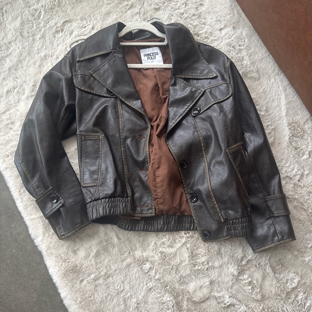 Princess Polly Brown Faux Leather Jacket with Brown Lining